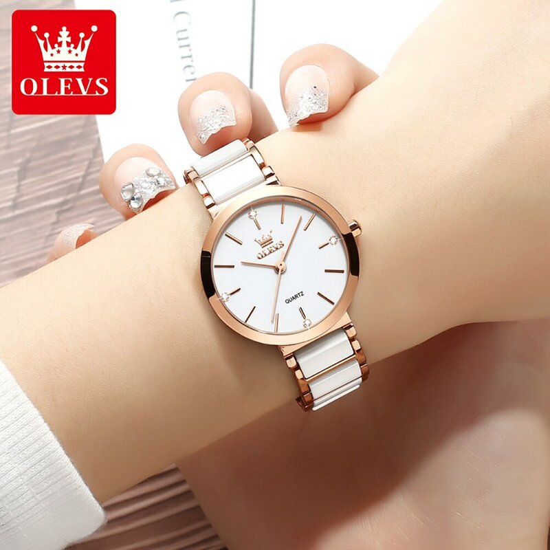 OLEVS-Reloj de cuarzo con correa de cerámica para Mujer, pulsera femenina de oro rosa, de lujo, a la moda