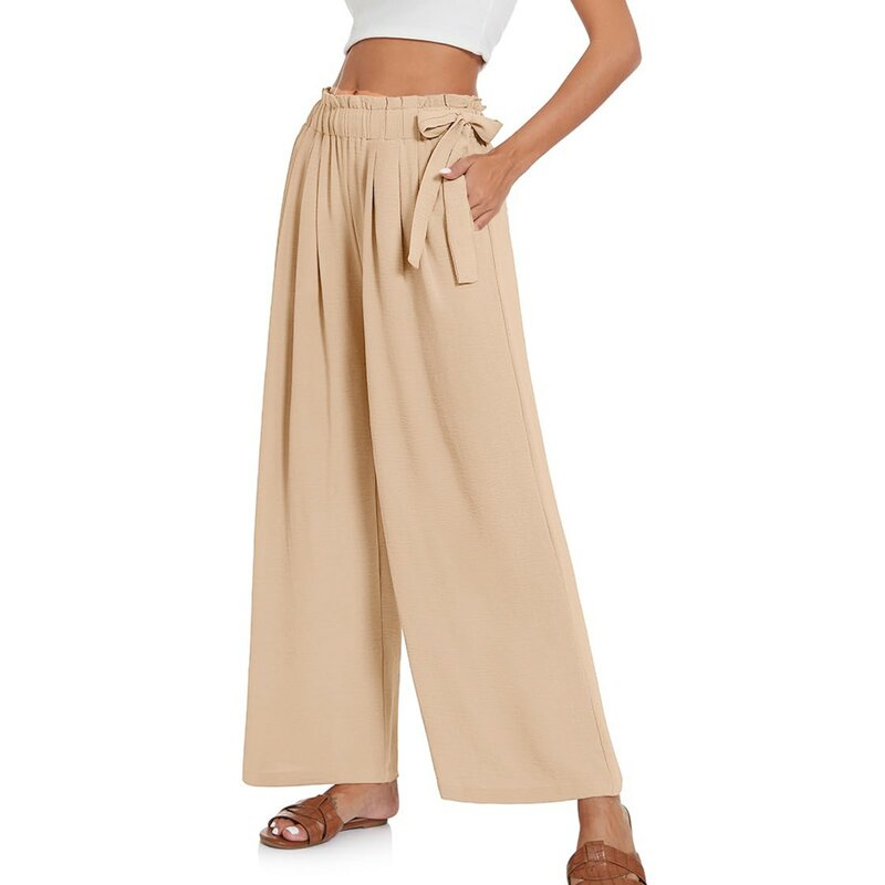 Damskie spodnie z szerokimi nogawkami Letnie spodnie plażowe z wysokim stanem i wiązaniem z boku Lekkie, luźne, zwiewne spodnie plażowe z kieszeniami