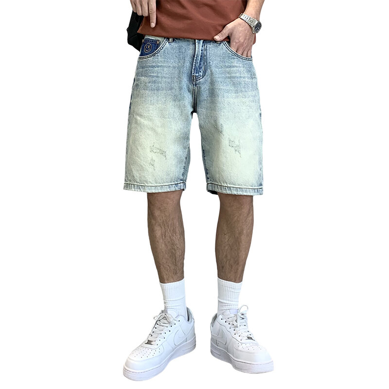 Light Colored High Street Trendy Brand Loose Straight Casual Men'S Denim Capris Summer Thin And Simple Retro Shorts