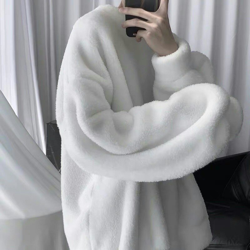 Oversize Sweatshirt Solid Color Lamb Hair O-Neck Long Sleeve Men's Sweatshirt Korean Fashion Loose Hoodies Streetwear Harajuku