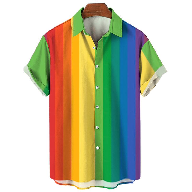 Camisa romântica extragrande masculina, estampa arco-íris, manga curta, top estampado, simples, alta qualidade, rua, solta, moda havaiana, verão