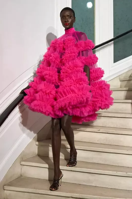 SERENDIPIDTY-Robe trapèze courte à volants en tulle rose vif pour femmes, robes maxi à col haut, fête d'anniversaire et de mariage, gratuite, nouveauté