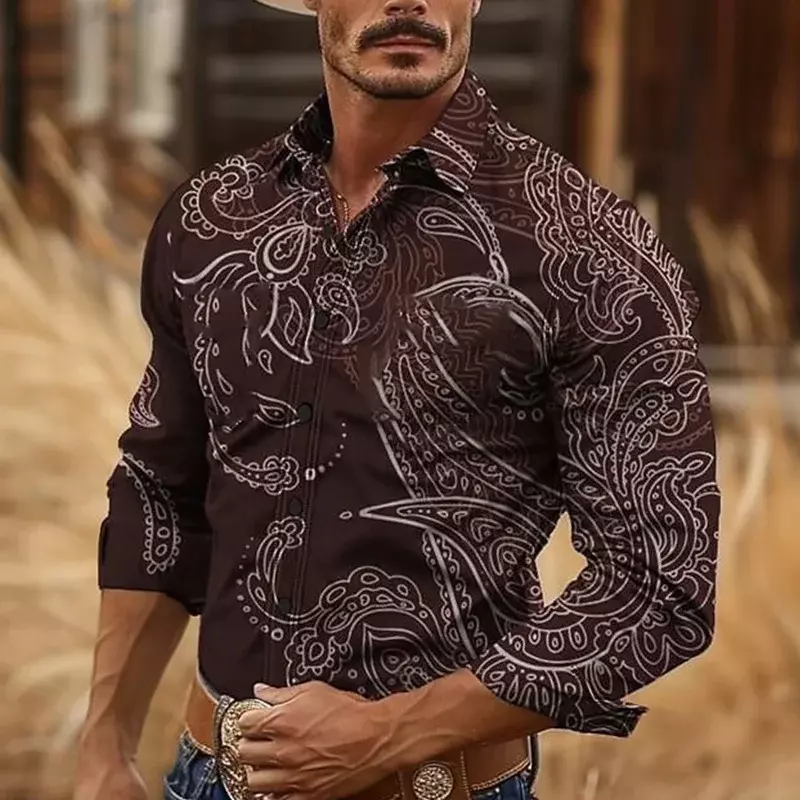 Camisa de manga comprida retrô estilo cowboy ocidental masculina, estampada em 3D, ao ar livre, resort, corrida de cavalos, primavera, verão, alta qualidade, lapela