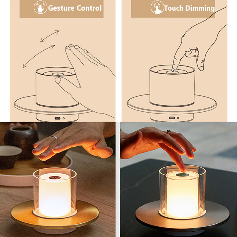 Smart Led Table Candle Lamp, Dimmable Touch Control/Infrared Sensing Dimming, Type C/USB Charging, Gold, Bedside Nightstand Lamp