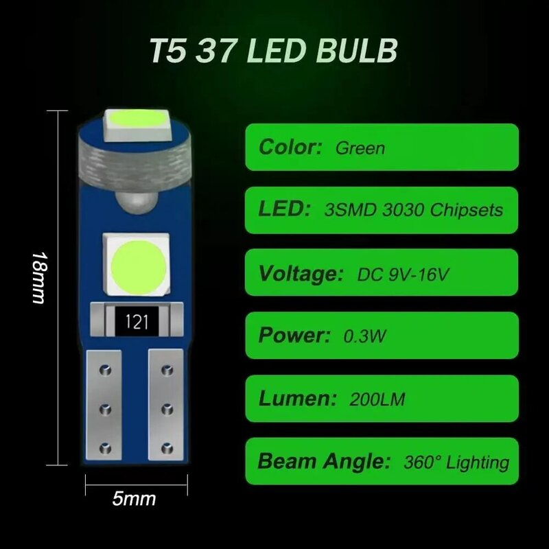 Bohlam Led T5, 10 buah W3W W1.2W Led Canbus lampu Interior mobil dasbor warna-warni indikator Wedge lampu instrumen otomatis 12V