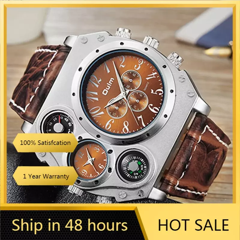 Relógio de quartzo de couro masculino com bússola, cronógrafo grande criativo, mostradores múltiplos, relógio de pulso esportivo militar, relógio masculino