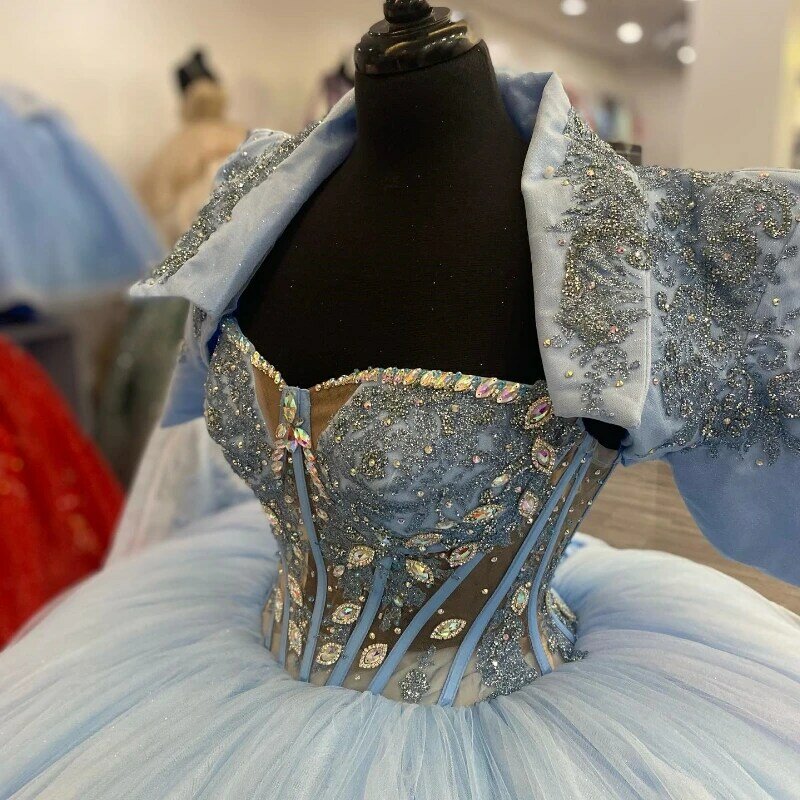 Платье женское кружевное с 3d-аппликацией, милое бальное платье небесно-голубого цвета для выпускного вечера, 16 цветов, с бусинами, кристаллами, накидкой, со шнуровкой, выпускной
