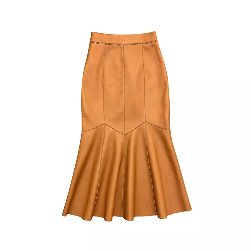 High Waisted Buttocks Wrapped Leather Skirt Women Fishtail Mid Length Skirt Genuine Leather Sheepskin Skirt