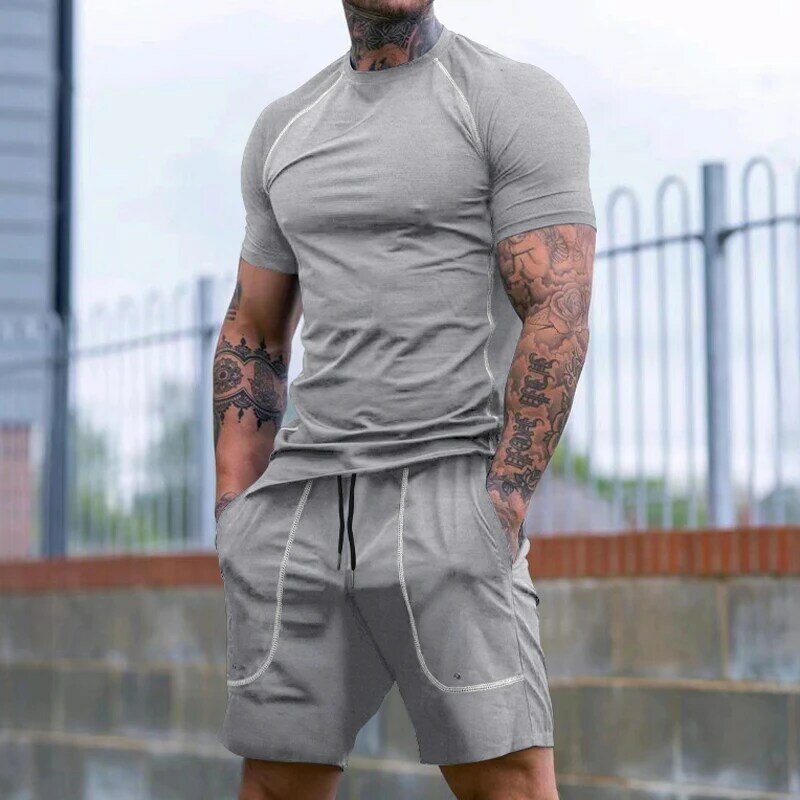 Summer New Men's Sports Suit Striped Spliced Round Neck Short-sleeved T-shirt Shorts Two-piece Sportswear Fitness Training Wear