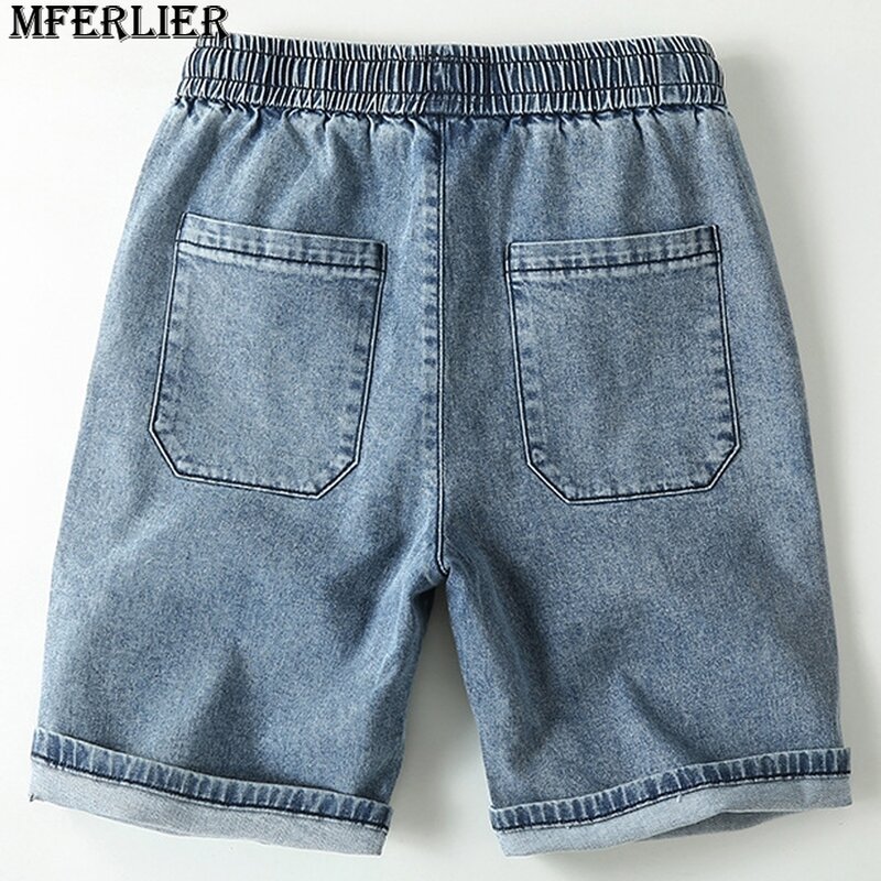 Celana pendek Denim pria, celana pendek Jeans biru modis kasual warna polos pinggang elastis musim panas