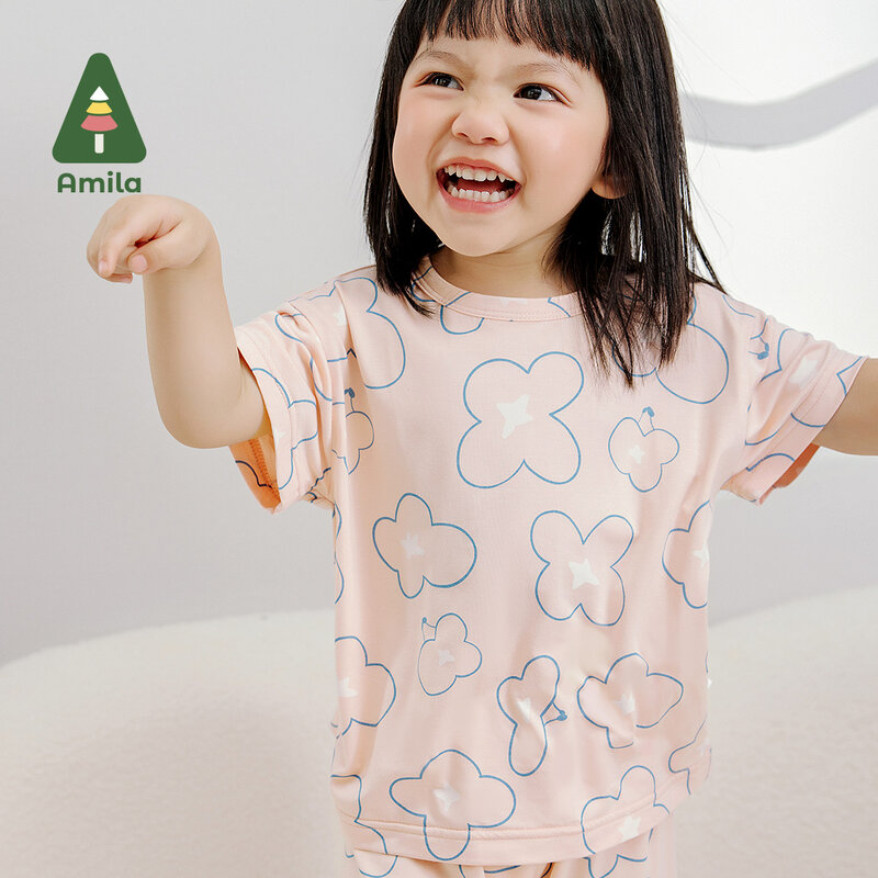 Комплект для маленьких девочек Amila, Новинка лета 2024, штаны и короткие рукава с принтом, домашний комплект, приятные на ощупь дышащие детские пижамы