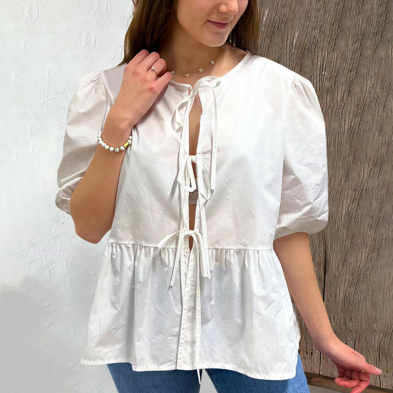 2024 Summer Female Street Outwears Women Solid Color Hollow Out Lace Up Puff Sleeve T Shirt Female Round Neck Tops