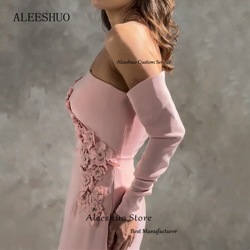 Aleeshuo Elegant Long Slit Evening Dresses Appliques Satin Saudi Arabric Prom DressStrapless Long Sleeves Backless Ankle Length