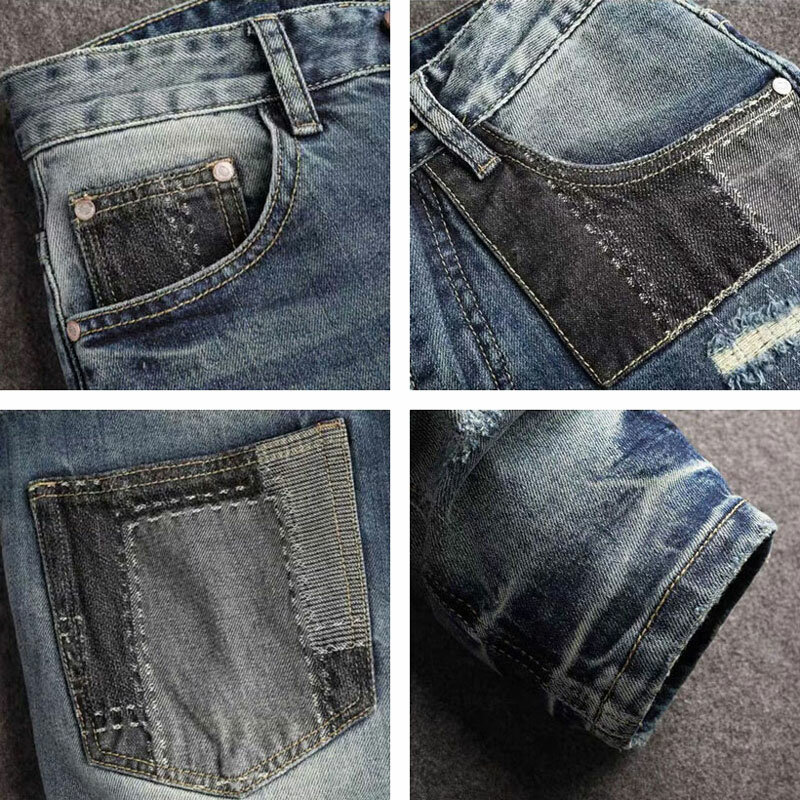 Główna ulica modne dżinsy męskie sprany niebieski Retro rozciągliwe dopasowanie pasujące porwane jeansy mężczyzn, połatane designerskie spodnie jeansowe ołówkowe Hip Hop