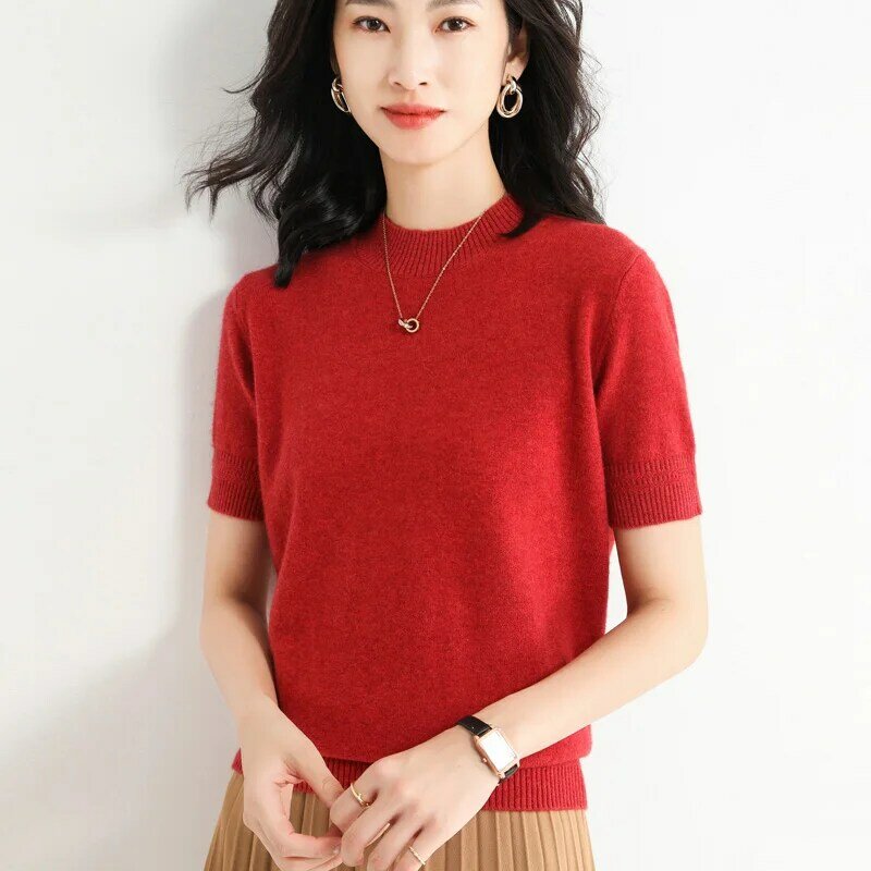 Primavera outono nova moda camisola de caxemira feminina de malha manga curta pulôver sweter solto o pescoço versão coreana topos