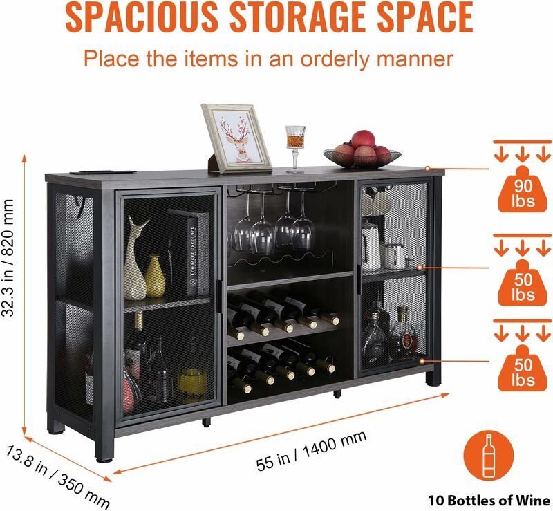 55" Industrial Bar Cabinet, Wine Table for Liquor & Glasses, Wood Sideboard Buffet Coffee Cabinet with Wine Rack, Black
