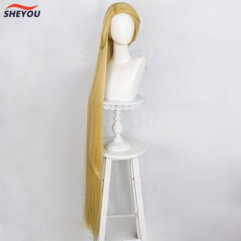 Wig Cosplay film Rapunzel putri panjang lurus emas tahan panas rambut sintetis Wig Cosplay Anime + topi Wig