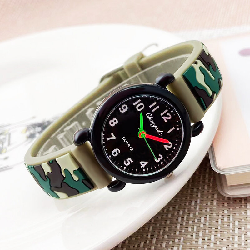 Модные камуфляжные кварцевые часы с силиконовым ремешком для мальчиков и девочек, цифровые крутые водонепроницаемые часы для детей и студентов, лето 2023