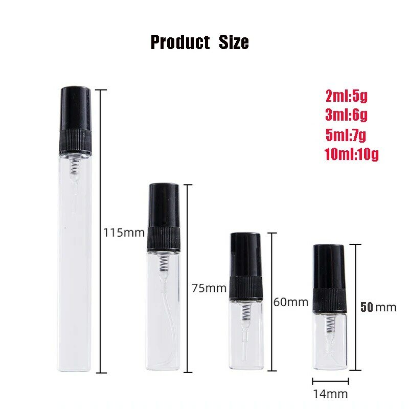 Mini Frasco Portátil Perfume Spray, Engarrafamento de vidro de amostra cosmética recarregável, Recipiente Vazio, 2ml 3ml 5ml 10ml, 5 Pcs