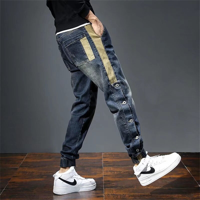 Джинсы мужские свободного кроя, дизайнерские брюки-султанки с карманами, мешковатые мотоджинсы, стрейчевая уличная одежда в стиле ретро, свободные зауженные джинсы