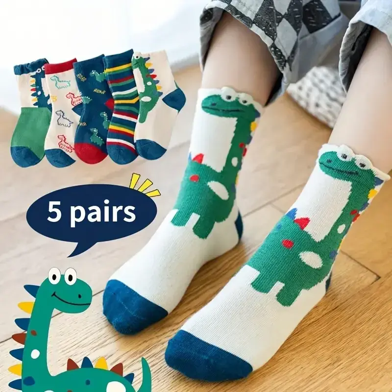 Kaus kaki rajut motif pola Dino kasual anak laki-laki 5 pasang, kaus kaki kru nyaman bersirkulasi untuk musim panas dan musim semi anak-anak aksesoris anak-anak