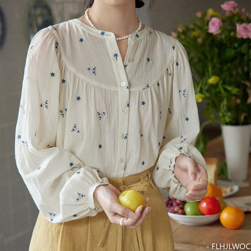 Blusa bordada de lino y algodón para mujer, camisa elegante con botones, estilo coreano, japonés, Retro, 2024