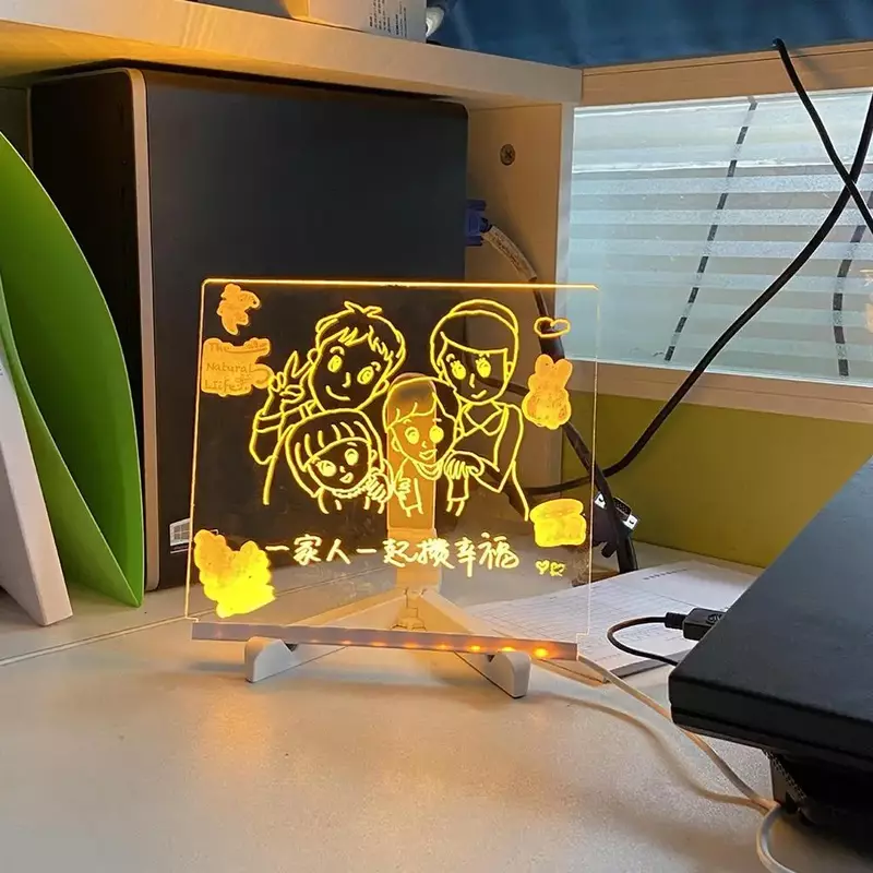 Tablero de notas de acrílico con lámpara LED, tablero de dibujo borrable con USB, luz nocturna para dormitorio de niños, regalo de cumpleaños
