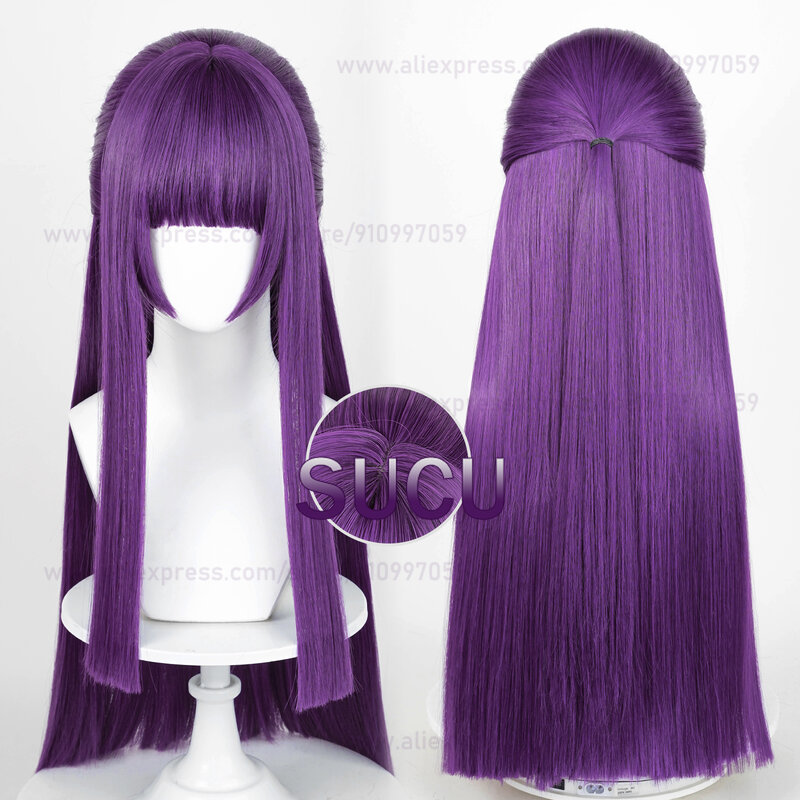 Peruka do Cosplay paproci Anime 80cm fioletowe proste włosy Halloween żaroodporne peruki syntetyczne + czapka z peruką