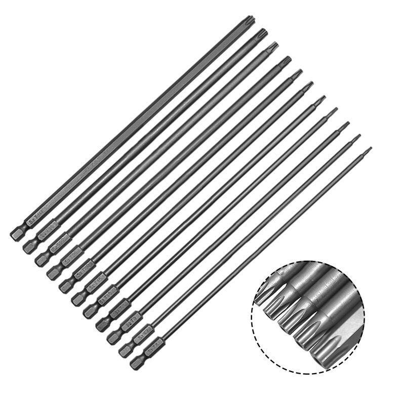 Broca de destornillador Torx magnético con agujero, vástago hexagonal para taladro eléctrico de 200mm, 11 piezas