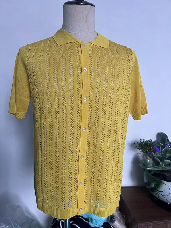 Heren Gele Gebreide Shirts Met Korte Mouwen Vintage Button Down Poloshirt Heren Casual Zomer Strandvakantie Tops Chemise Homme Xxl