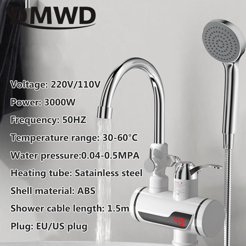 DMWD Electric Instant Hot Water Faucet Water heater Fast heating with LED Temperature Display Tankless Tap For Kitchen shower EU