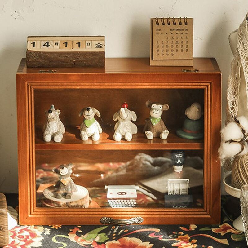 Storage Cabinet Wooden Figurines Display Box Collection Toy Rack Shelves Cabinet 2 Tier Case For Sundries Toys Action