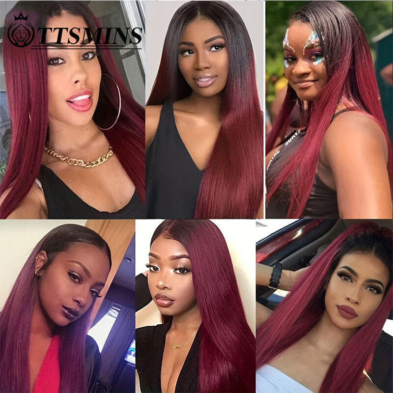 T1B/99J Ombre Colored Straight Human Hair Wigs Lace Front Wig For Women Pre Plucked Transparent Glueless Brazilian Frontal Wigs
