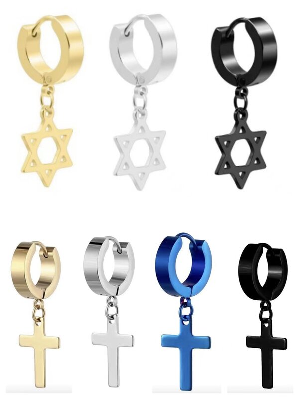 1Pc Punk Cross Pendant Earrings Men Women Christian Dangle Gothic Hip Hop Fashion Piercing Jewelry Titanium Steel Star Ear Hoop