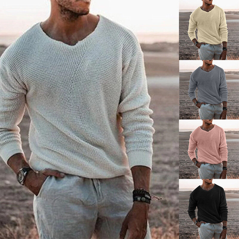 2023 Musim Semi Musim Gugur Fashion Pria Sweter Tipis Rajut Kasual Leher V Padat Hangat Slim Fit Sweater Pullover Pria