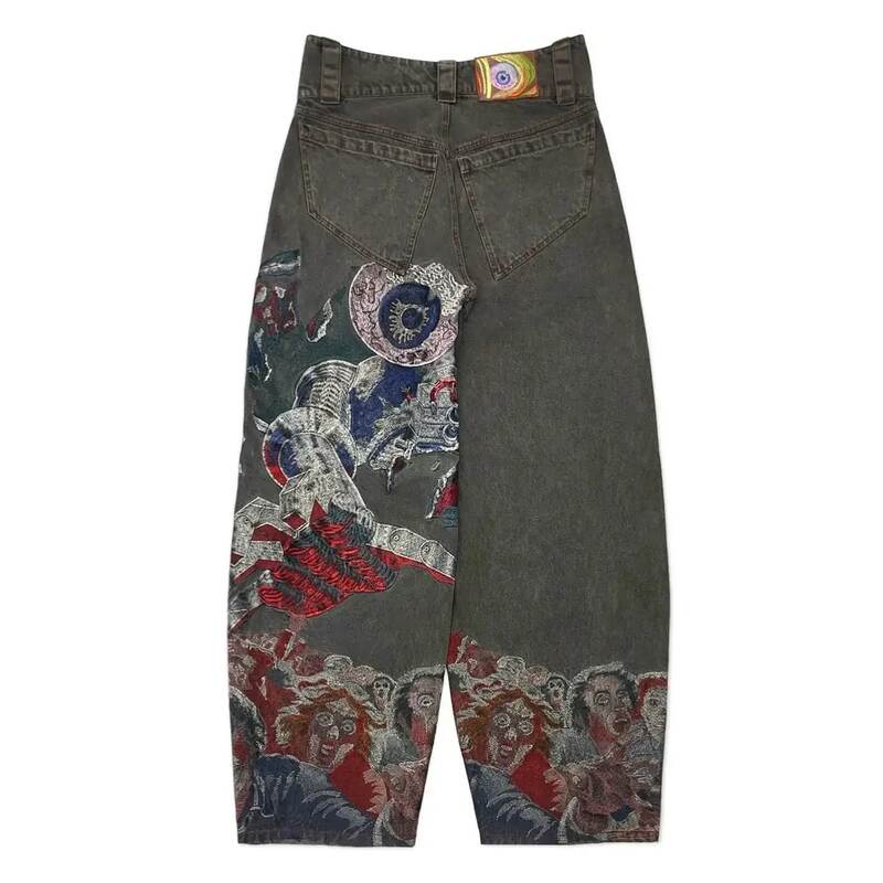 Hip Hop Punk do haftu z nadrukiem workowate dżinsy Y2k jeansy męskie ciężkie rzemiosło w stylu Retro szerokie nogawki spodnie Goth porwane jeansy gorące