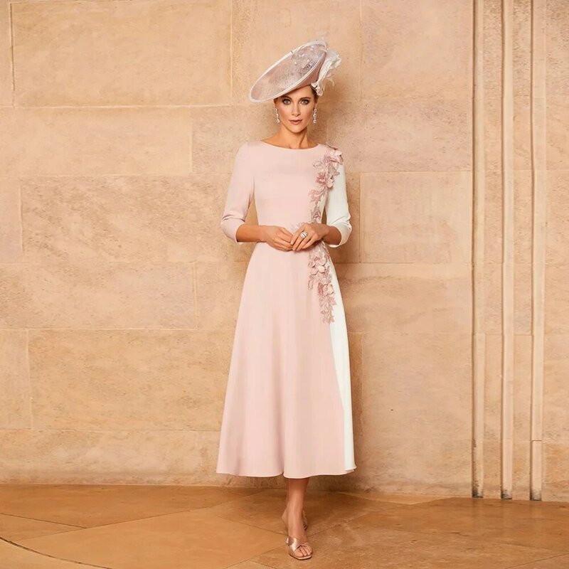OTHRAY 핑크 신부 어머니 드레스, 보트 넥 아플리케, 하프 슬리브 A 라인 티 길이, 발목 길이 가운