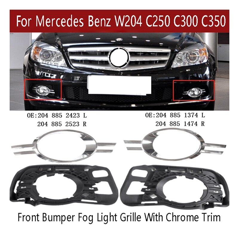 Front Bumper Fog Light Grille com Chrome Trim, Acessórios para Mercedes Benz W204 C250 C300 C350 2048852423 2048852523, 1Set
