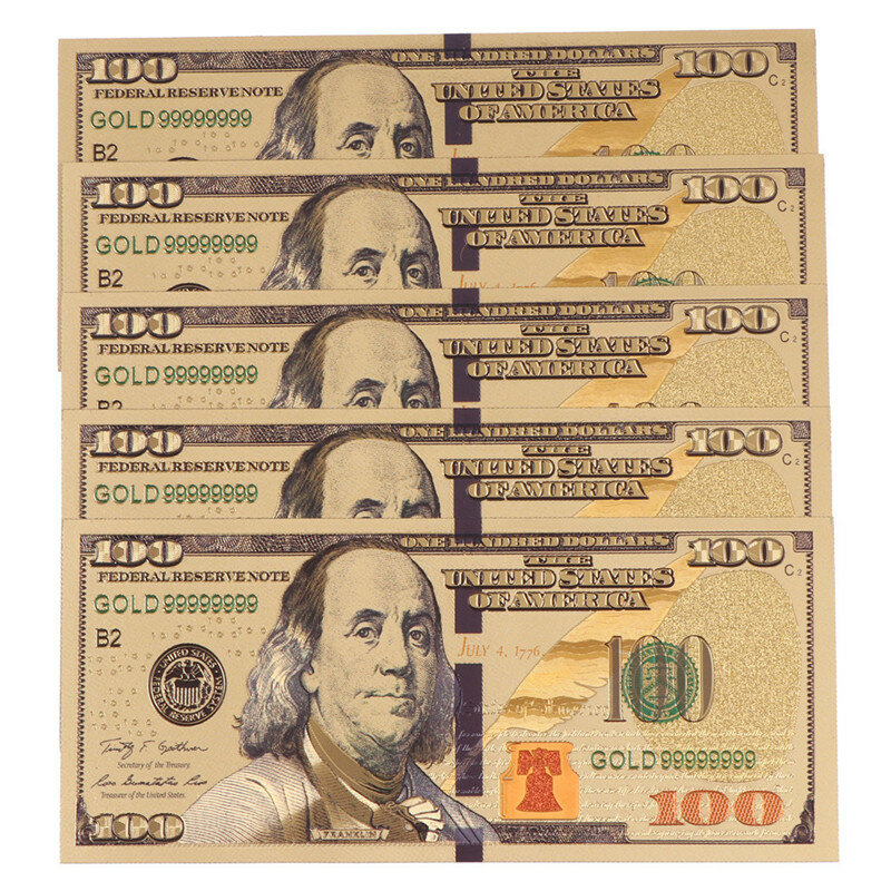 5pcs US$100 dollar 24k Gold Foil Golden USD Paper Money Banknotes Crafts
