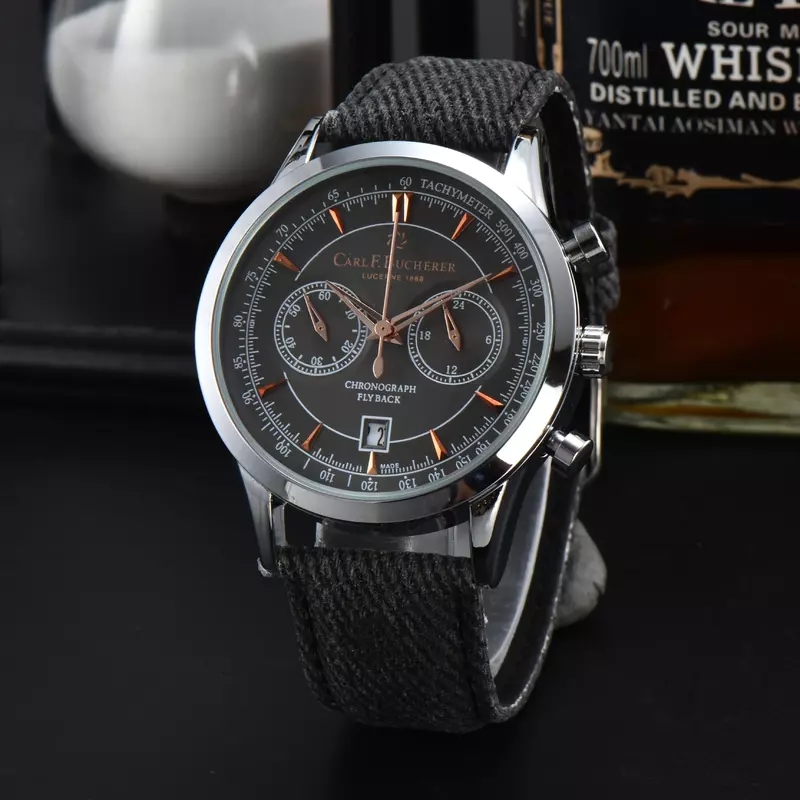 Nowy Carl F. Zegarek Bucherer Marley Dragon Flyback chronograf szaro-niebieska tarcza górny skórzany pasek kwarcowy męski zegarek luksusowy zegarek