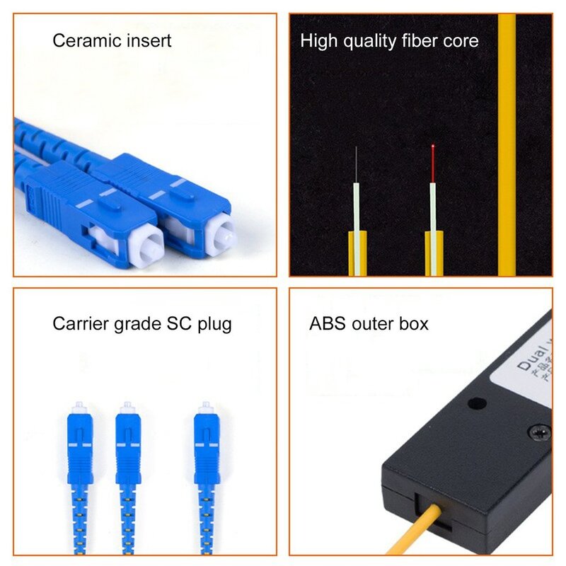 Divisor óptico de fibra 1x2, cabos internos do computador com conector sc/upc, trança, 1x2