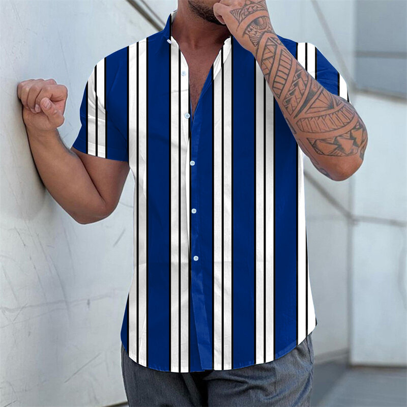 Мужская приталенная гавайская рубашка, Повседневная рубашка в полоску с короткими рукавами и отложным воротником, кардиган в стиле ретро, лето