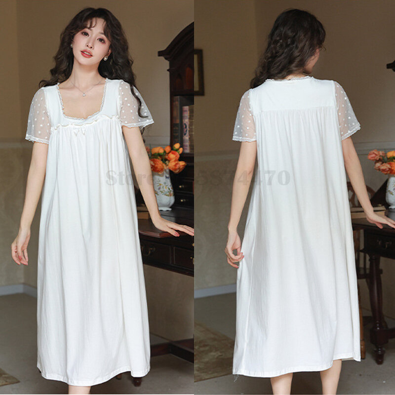 Sexy French Square Necked Nightdress for Women's Summer Princess Sleepwear Lace Cotton White Nightwear Loose Casual Nightgown
