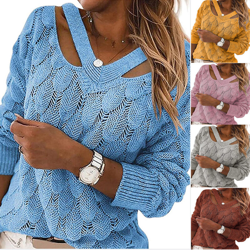 Suéter con cuello en V y hombros descubiertos para mujer, blusa de punto, Tops de manga larga, moda informal, otoño e invierno, nuevo