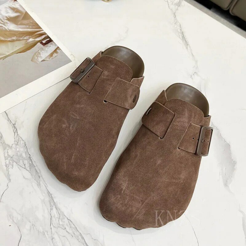 Sandal musim panas wanita ujung bulat gesper logam slide kulit asli sepatu kasual liburan pantai Mules sepatu wanita 2024