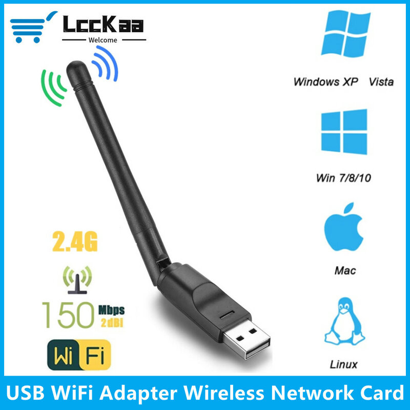 Adaptor WiFi USB Mini 150Mbps MT7601 2.4GHz, kartu jaringan nirkabel Dongle penerima Wi-Fi dengan antena 802.11 b/g/n untuk PC Laptop
