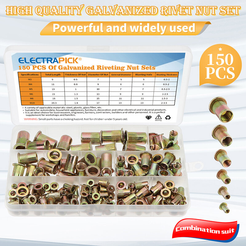 Flat Head Carbon Steel Rivet Nuts Set, Insert Nuts, Colocação de tamanho múltiplo, M4, M5, M6, M8, M10, M12, 210, 165, 100pcs