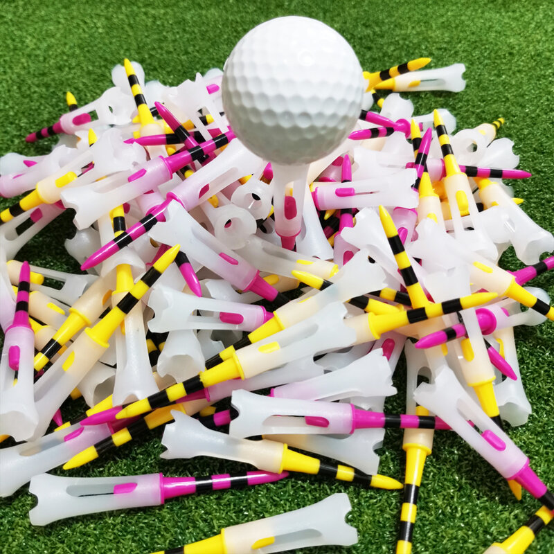50 sztuk plastikowe koszulki golfowe gumowa nakrętka pasek Multicolor konfigurowalny, niski opór zmniejsza tarcie i Sidespin 83mm Golf Tees