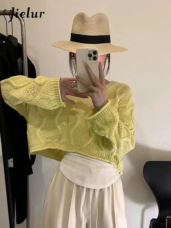 Jielur Autumn Loose Casual Korean Pullovers Woman Slim Fashion Knitted Pullovers Female White Grey Pink Yellow Pullovers Woman