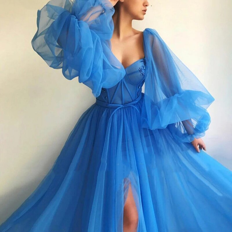 Jehath gaun Prom A-Line mewah Fashion gaun malam wanita lengan Puff Tulle panjang biru belahan samping gaun pesta Sweetheart